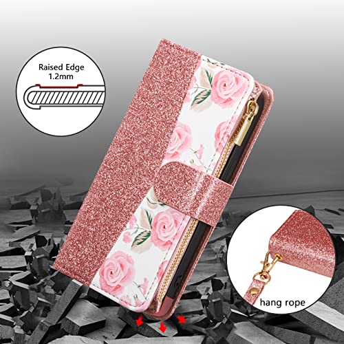 UEEBAI Wallet Case for iPhone 13 - PU Leather Magnetic Closure Handbag With Zipper Pocket, Kickstand, Card Slots and Hand Strap - Bling Rose Gold Flip for Women - color: Bling Rose Gold