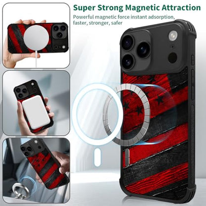 DJSOK Case for iPhone 17 Pro Max,Compatible with MagSafe,Anti-Scratch Shockproof Case,Black Red Wood Grain American Flag - color: Black red wood grain American flag, size: IPhone 17 Pro Max