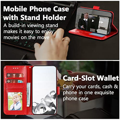 EYZUTAK Case for iPhone 14 Plus, Premium PU Leather Magnetic Flip Wallet Case with Card Holder Cash Slot Lanyard Strap Kickstand Function Embossed Mandala Flower Pattern Shockproof Cover - Red - color: Red, size: iPhone 14 Plus
