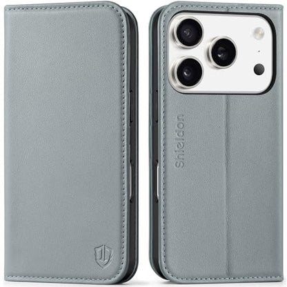 SHIELDON Genuine Leather Magnetic Case Wallet for iPhone 17 Pro 6.3", Gray | Flip, Magnetic Closure, RFID Blocking 3 Card Holder, Kickstand, Full Protection, Shock Absorbing Protective Cover - color: Gray