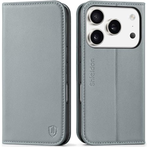 SHIELDON Genuine Leather Magnetic Case Wallet for iPhone 17 Pro 6.3", Gray | Flip, Magnetic Closure, RFID Blocking 3 Card Holder, Kickstand, Full Protection, Shock Absorbing Protective Cover - color: Gray