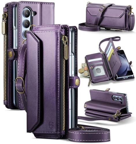 Strapurs Crossbody Wallet Case Compatible with Samsung Galaxy Z Fold 5 with RFID Blocking Card Holder & Pen Holder Slot Soft PU Leather Shoulder Strap Zipper Pocket Purse Fold 5 Phone Case, Purple | RFID Blocking 5-Card Holder, Shoulder Lanyard, Wirst Str