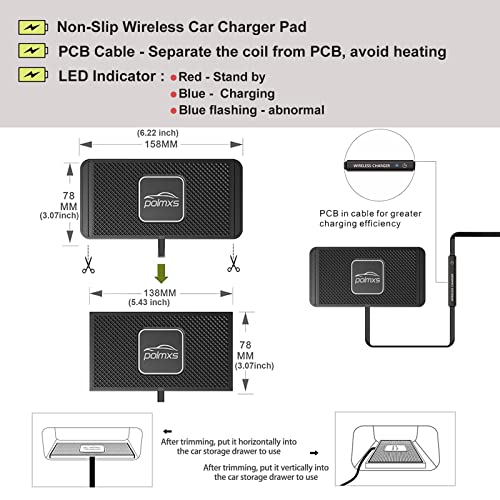 Wireless Charger Car Charging pad,POLMXS 15W Fast Wireless Phone Charger Non Slip Cell Phone Flat Charging mat Compatible with iPhone 11/12/12/14/15 Galaxy S21/S22/S23/24 NOTE10 (30cm Cable)(C2Y)