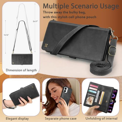 for Wallet Case Compatible with iPhone 16,Multi-Function Detachable 2 in 1 Magnetic iPhone 16 Case Wallet,Flip Strap Zipper Card Holder Phone Case with Shoulder Straps(Darkgray) - color: DarkGray, size: iPhone 16