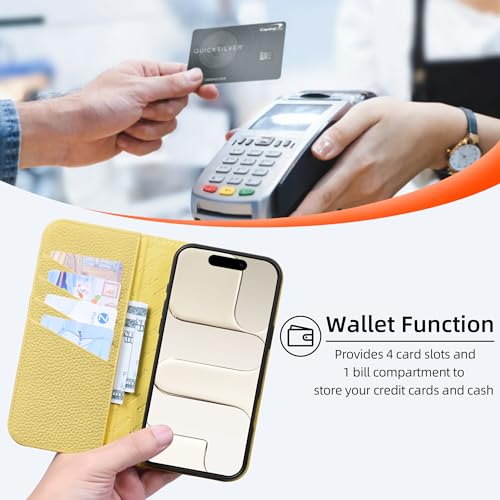 VISOUL Pebbled Leather Wallet Case for iPhone 17 Pro Max 6.9" 2025, Genuine Leather Flip Folio Cover with RFID Blocking Card Holders, Kickstand, Soft TPU Protective Flip Cover -Light Gray+Yellow - color: Light Gray+Yellow