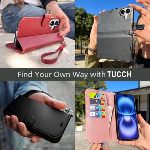 TUCCH Wallet Case with Wrist Strap for iPhone 16 (6.1") 2024, Dark Red | 4 Card Holders, RFID Blocking, Viewing Stand, Shockproof TPU Shell, PU Leather, Magnetic Closure, Folio Flip Cover - color: Strap - Dark Red