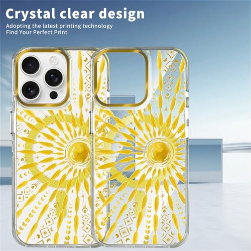VisEnt Clear Case for iPhone 15 Pro, Magnetic Phone Case, Transparent Slim Cover, Military Grade Protection, Shockproof, Anti-Yellowing, Scratch Resistant, Folk Gold Sun - color: Folk Gold Sun, size: Iphone 15 Pro
