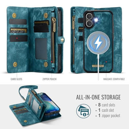 Compatible with iPhone 17 Wallet Case with Magsafe,Blue | Magnetic Detachable Case,Card Holder,Zipper Pocket,Strap Wristlet, Soft Leather Drop-Proof Phone Case for iPhone 17 6.3" - color: (Detachable and Magsafe)-Blue, size: iPhone 17 6.3 Inch
