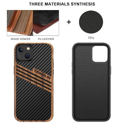 TENDLIN Compatible with iPhone 15 Case Wood Grain with Carbon Fiber Texture Design Leather Hybrid Slim Case (Three Stripe) - color: Three Stripe, size: iPhone 15