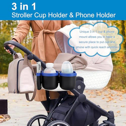 Accmor Stroller Cup Holder with Phone Holder, Bike Cup Holder, Universal Cup Holder for Uppababy Nuna Strollers, 2-in-1 Drinks Holder for Walker, Wheelchair, Scooter - color: Double Holder-Blue