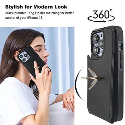 Folosu Compatible with iPhone 14 Pro Case Wallet with Card Holder, 360°Rotation Finger Ring Holder Kickstand, RFID Blocking Leather Protective Double Buttons Shockproof Cover 6.1 Inch Black - color: Black, size: iPhone 14 Pro