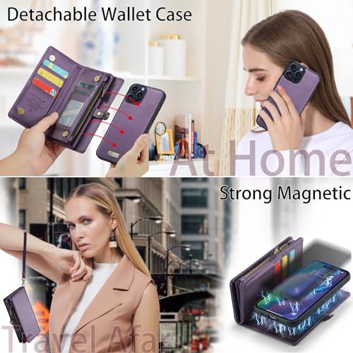 Compatible with iPhone 15 Wallet Case with Magsafe,Purple | Magnetic Detachable Case,Card Holder,Zipper Pocket,Strap Wristlet, Soft Leather Drop-Proof Phone Case for iPhone 15 - color: Purple, size: iPhone 15 6.1"