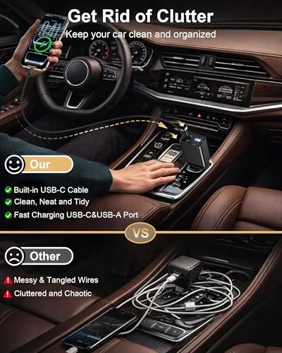 Retractable Car Phone Charger for Samsung S26 Android Fast USB C iPhone 18 - color: Black