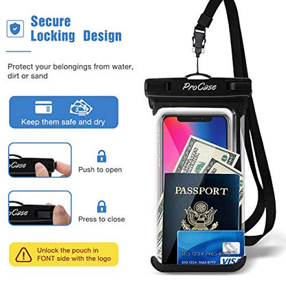 ProCase 2 Pack Waterproof Phone Pouch, Underwater Phone Case Up to 7", Dry Bag for iPhone 17 Air 16 15 14 13 Pro Plus Max, Galaxy S24 S23 S22 Ultra Pixel, Beach Essentials -Black | Underwater Dry Bag for iPhone 17 16 15 14, Galaxy S24 S23 S22, Case for Sw