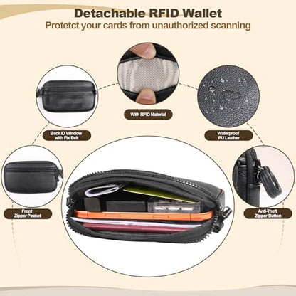 YFWE Clip and Go Phone Strap with Crossbody Wallet, Adjustable Phone Lanyard with Detachable RFID Wristlet Wallet, Anti-Theft Leather Purse with ID Window for Travel Essentials (Black) - color: Black