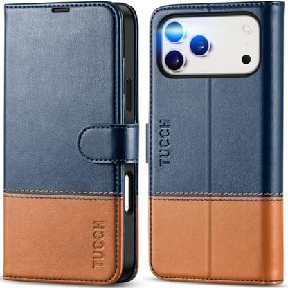 TUCCH Wallet Case for iPhone 17 Pro Max 6.9", 4 Card Holders, Blue & Brown | RFID Blocking, Viewing Stand, Shockproof TPU Shell, PU Leather, Magnetic Closure, Protective Folio Flip Cover - color: Two-tone Blue & Brown