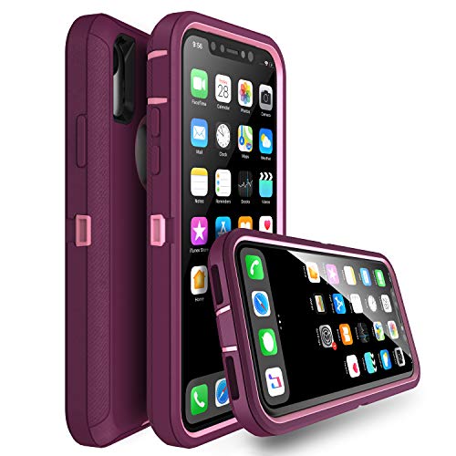 MXX Compatible with iPhone Xr Case, 3-Layer Super Protective Full Heavy Duty Body Tough Rugged Bumper Cover, Shock & Dust Proof, Designed for Apple Xr Phone Case 6.1" - color: Plum/Light Pink