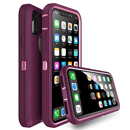 MXX Compatible with iPhone Xr Case, 3-Layer Super Protective Full Heavy Duty Body Tough Rugged Bumper Cover, Shock & Dust Proof, Designed for Apple Xr Phone Case 6.1" - color: Plum/Light Pink