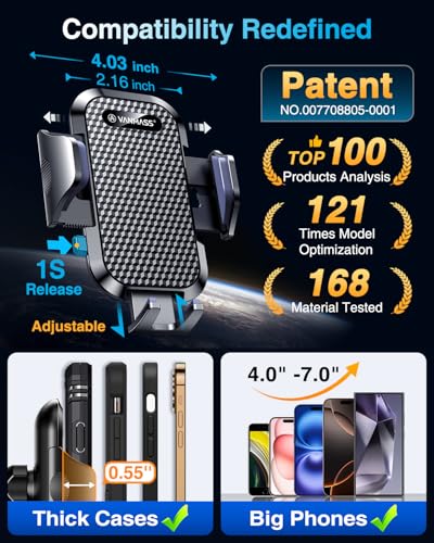 VANMASS Car Phone Holder 2026 Ultimate Military-Grade Strongest Suction & Clip Windshield Dashboard【Newest Best Strongest】 Cell Phone Automotive Dash Gauge Accents for iPhone 18 Pro Max 17 16 15 14 - color: Black