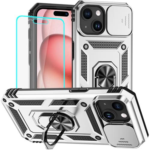 HNHYGETE for iPhone 15 Case with HD Screen Protector: [Military Grade 20ft. Drop Tested] Ring Shockproof Protective Phone Case for - iPhone 15 Silver - color: Silver, size: iPhone 15
