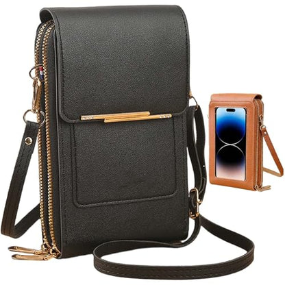 Women's Touch Screen Mobile Phone Messenger Bag, RFID Leather Crossbody Wallet Purse, Anti-Theft Shoulder Strap - color: Black