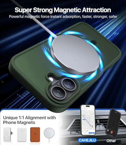 CAHEJILU Stronger Magnetic for iPhone 16 Case,Compatible with MagSafe | Military Grade Drop Protection,Anti-Fingerprint shockproof Protective Phone Case for iPhone 16 Translucent,Alpine Green - color: A2-Alpine Green