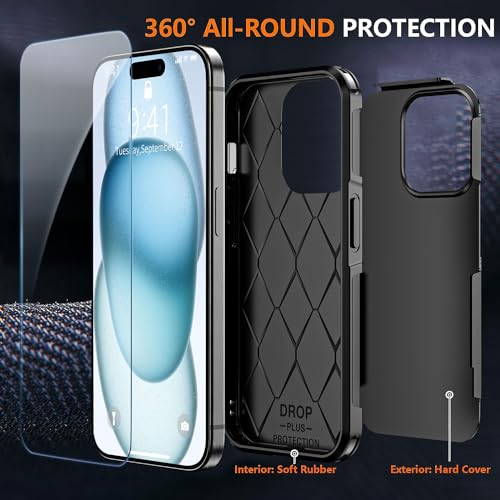 for Apple Recommend Shockproof iPhone 15 Case,[15 FT Military Grade Drop Protection],with 2X [Kevlar® 9H Glass Screen Protector] Air Bumpers Full-Body Protective Case (Black, iPhone 15) - color: Black
