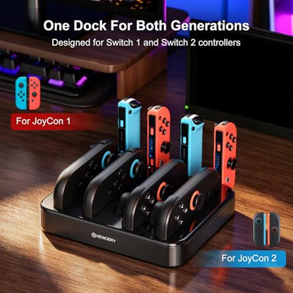 NEWDERY 8 in 1 Switch 2/1/OLED Controller Charger, Charging Dock for JoyCon