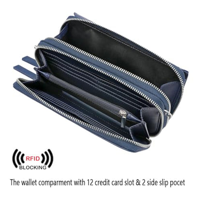 RFID Crossbody Wallet Wristlet Purse with Phone Pocket For Women Vegan Leather - color: B-navy Blue
