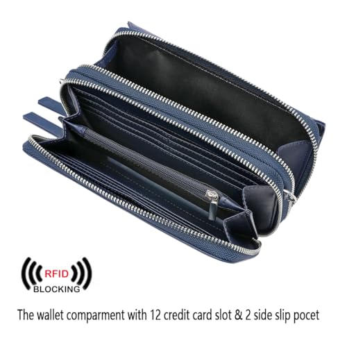 RFID Crossbody Wallet Wristlet Purse with Phone Pocket For Women Vegan Leather - color: B-navy Blue
