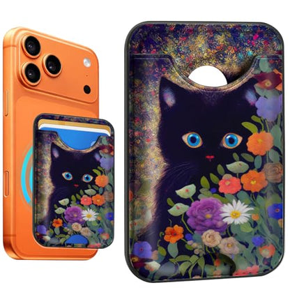 Compatible with Magsafe Wallet Magnetic Card Holder - Black Cat Flowers Phone Wallets for Women Teen Girls Cute for iPhone 17/16/15/14/13/12 Series Slim for Apple Mag RFID Magnet,Fit 3 Cards - color: Black Cat Flowers