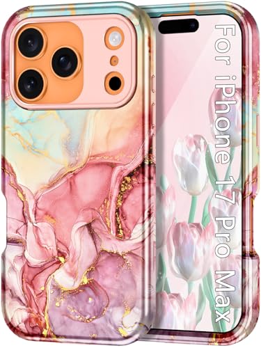 Btscase Compatible with iPhone 17 Pro Max Case 6.9 Inch 2025,Marble Pattern 3 in 1 Heavy Duty Shockproof Full Body Rugged Hard PC+Soft Silicone Drop Protective Women Girl Phone Cases, Rose Gold - color: A-Rose Gold, size: iPhone 17 Pro Max