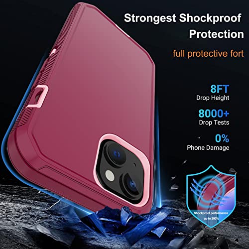 for iPhone 14 Case with 2 Screen Protector, Heavy Duty Shockproof Dropproof Dust Proof Full Body Rugged 3-Layer Military Tough Durable Protective Cover for Apple iPhone 14 6.1" (Burgundy) - color: Burgundy