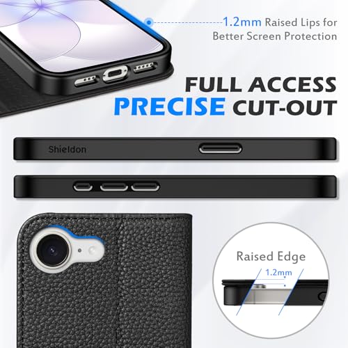 SHIELDON Real Leather Case Wallet for iPhone 17e/16e 6.1", Pebbled Black | Flip Magnetic Cover, Kickstand, RFID Blocking, 3 Credit Card Holder, Book Design, Shockproof, Soft Inner Phone Case - color: Pebbled - Black