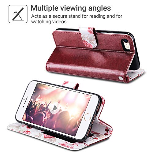 ULAK for iPhone SE 3(2022)/SE(2020)/8/7 Wallet Case Card Holder, Black | Premium PU Leather Flip Case with Kickstand Card Slots [RFID Blocking] Wrist Strap, Durable Shockproof Cover 4.7 Inch - color: Burgundy