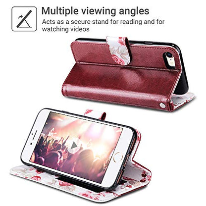 ULAK for iPhone SE 3(2022)/SE(2020)/8/7 Wallet Case Card Holder, Black | Premium PU Leather Flip Case with Kickstand Card Slots [RFID Blocking] Wrist Strap, Durable Shockproof Cover 4.7 Inch - color: Burgundy