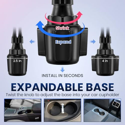 DaisyInner Dual Phone Holder for Car Cupholder, 360° Rotatable 4.7-10"