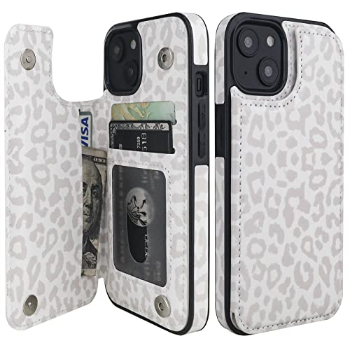 HAOPINSH for iPhone 14 Wallet Case with Card Holder, White Leopard Pattern Back Flip Folio PU Leather Kickstand Card Slots Case for Women Girls, Double Magnetic Clasp Shockproof Cover 6.1" - color: White Leopard