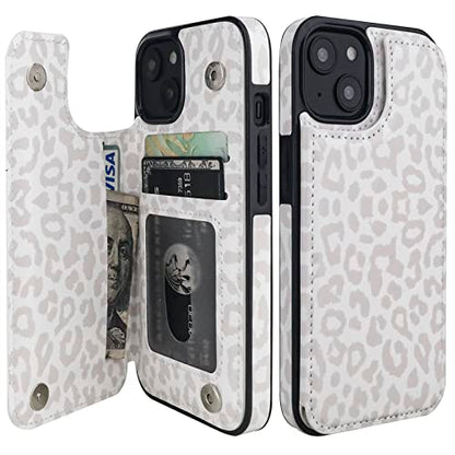 HAOPINSH for iPhone 14 Wallet Case with Card Holder, White Leopard Pattern Back Flip Folio PU Leather Kickstand Card Slots Case for Women Girls, Double Magnetic Clasp Shockproof Cover 6.1" - color: White Leopard