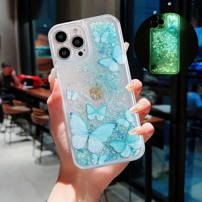 Compatible with iPhone 16 Pro Max Glitter Butterfly Case Glow in The Dark Women Girls Girly Bling Sparkle Flowing Quicksand Light up Case Soft TPU Bumper Luminous Clear Phone Cover, Blue - color: Blue, size: iPhone 16 Pro Max