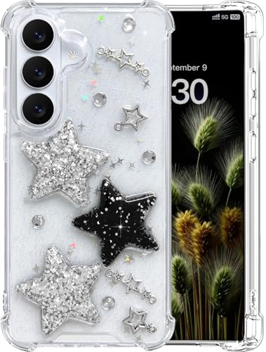 【3D Stars】for Samsung Galaxy S26 Plus Case Cute Glitter Clear Case 3D Stars Design Kawaii White Black Bling Stars Case Sparkly Protective Shockproof Slim Protective Phone Cover for Women Girls Girly - color: Glitter Stars, size: for Galaxy S26 Plus