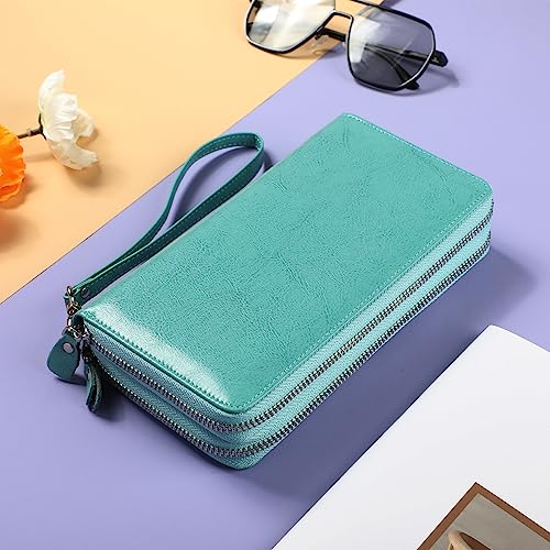 Small Compact Women Wallet RFID Blocking Genuine Leather Bifold Purse with ID Windows - color: 2-waxed Tiffany Blue, size: One Size