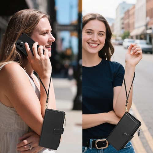Magnetic Case for iPhone 17 Wallet Compatible with Magsafe RFID Blocking Card Holder Detachable Phone Cover Kickstand Snap Strap Zipper Pocket PU Leather 6.3 inch (Black) - color: Black, size: iPhone 17
