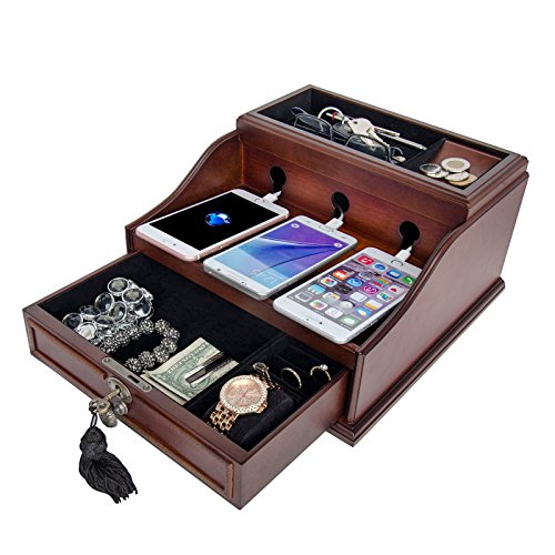 Arolly Wood Finish Valet Charging Station Multi Device Cord Organizer with Pull Out Drawer Compatible with iPhone, Samsung, and Other Smartphones, Can Store Watches, Jewelry and More