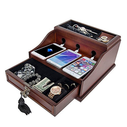 Arolly Wood Finish Valet Charging Station Multi Device Cord Organizer with Pull Out Drawer Compatible with iPhone, Samsung, and Other Smartphones, Can Store Watches, Jewelry and More