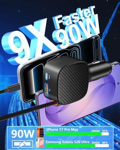 Apple MFi Certified iPhone Car Charger, 90W Retractable Car Phone Charger - color: Space Black