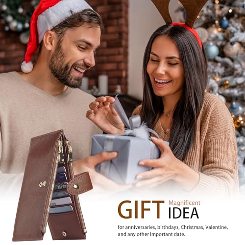 Travelambo RFID Wallet Women Large Size Bifold Multi Card Wallet Case with Zipper Pocke Credit Card Holder for Women - color: Brown Deep
