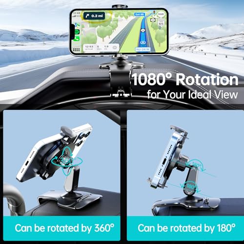 Dashboard Car Phone Holder, Universal 360° Rotation Dash Phone Mount for Car, Multifunctional Dashboard Clip Phone Bracket, Hands-Free Cell Phone Holder Stand Compatible with iPhone & Android (Black)