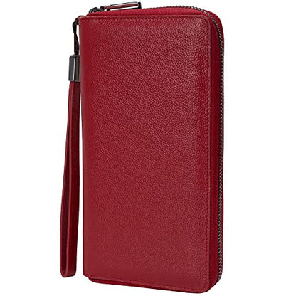Bveyzi Women RFID Blocking Wallet Leather Zip Around Phone Clutch Large Capacity Ladies Travel Purse Wristlet - color: Wine Red