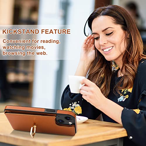 Folosu Compatible with iPhone 14 Case Wallet with Card Holder, 360°Rotation Finger Ring Holder Kickstand, RFID Blocking Leather Protective Double Buttons Shockproof Cover 6.1 Inch Brown - color: Brown, size: iPhone 14